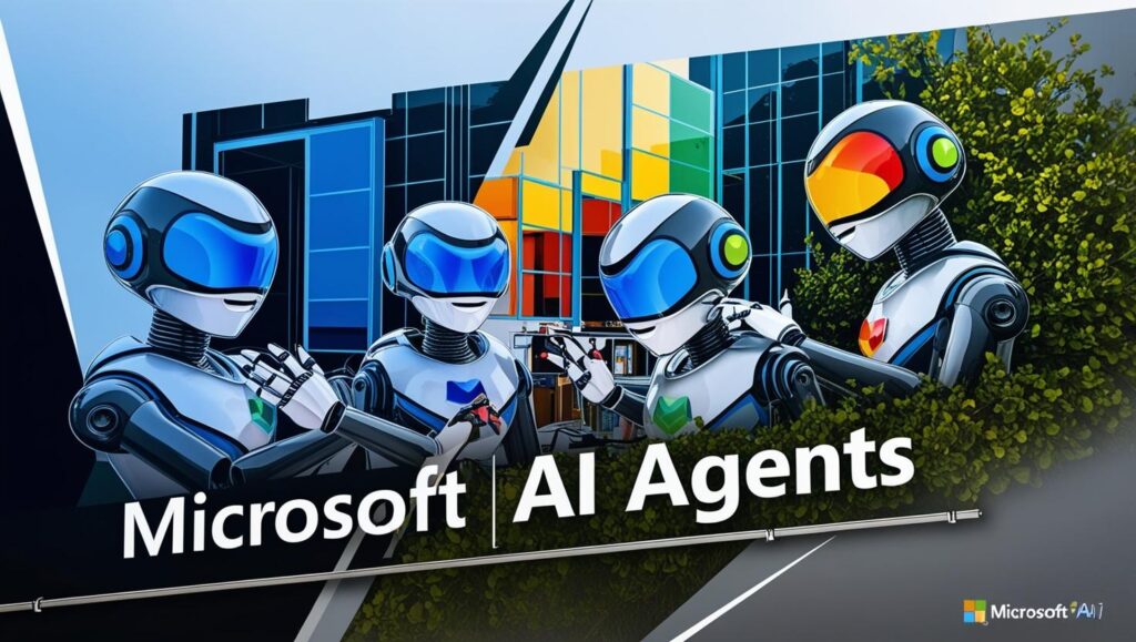 Illustration depicting Microsoft's AI agents collaborating and sharing memory, symbolizing enhanced interoperability and structured retrieval augmentation in autonomous systems.