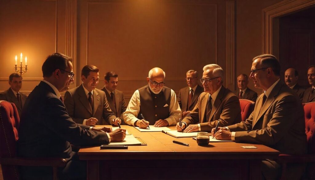 Indian leaders signing the Instrument of Accession in 1947, marking the beginning of Article 370.