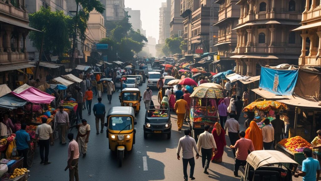 “Crowded street in Mumbai showing dense urban population and overpopulation issues”