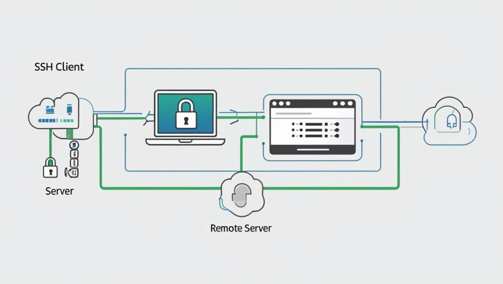 SSH client-server connection diagram showing encrypted remote access using port 22.