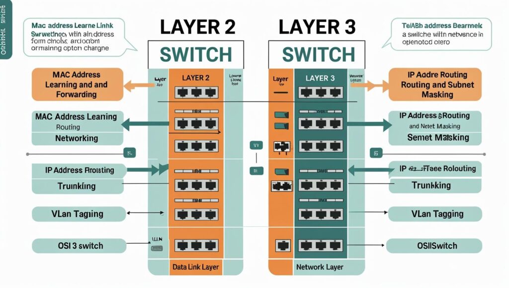 Side-by-side comparison of Layer 2 and Layer 3 switches with OSI layers and functions