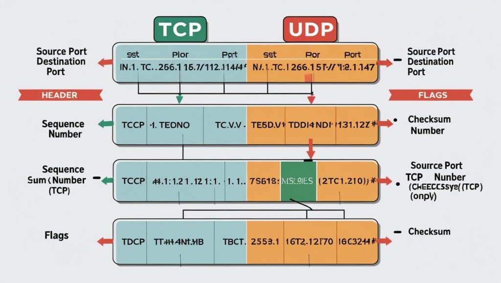 Annotated diagram of TCP and UDP packet headers showing key fields