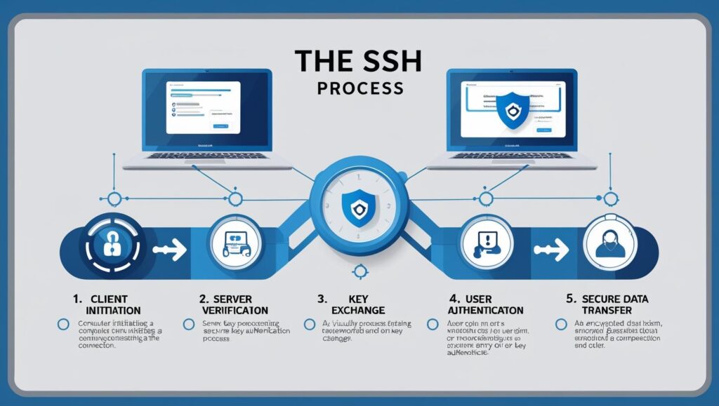Visual flowchart of how SSH works in five steps from client initiation to secure communication.