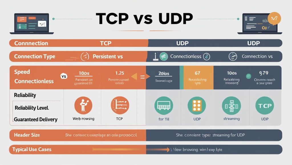 Comparison table showing the difference between TCP and UDP features