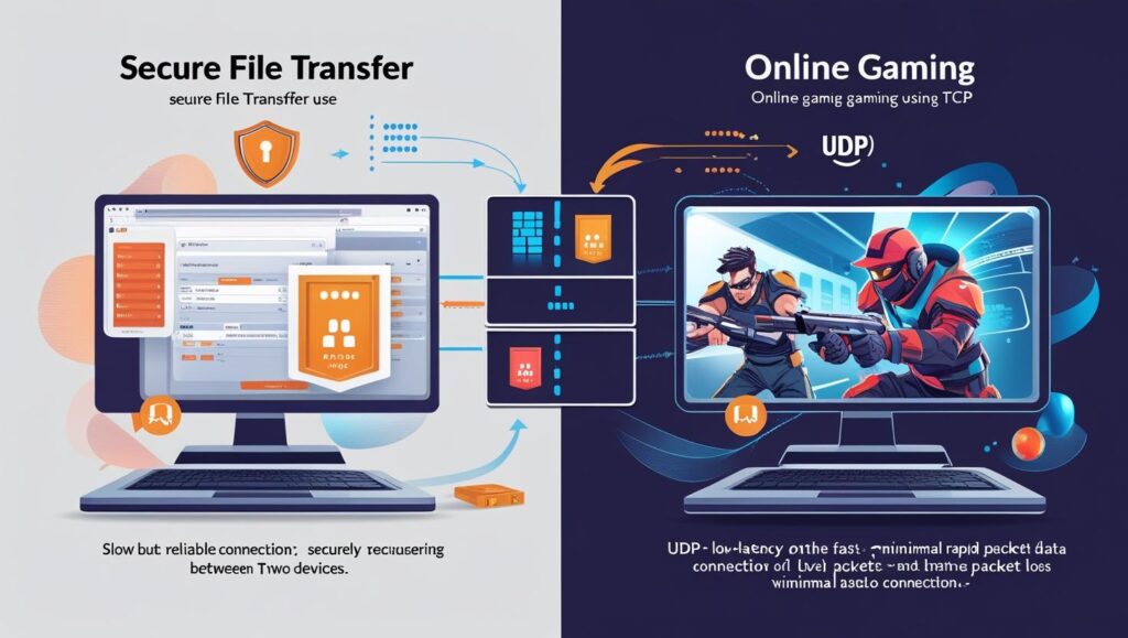 Network diagram showing TCP in file transfer and UDP in online gaming