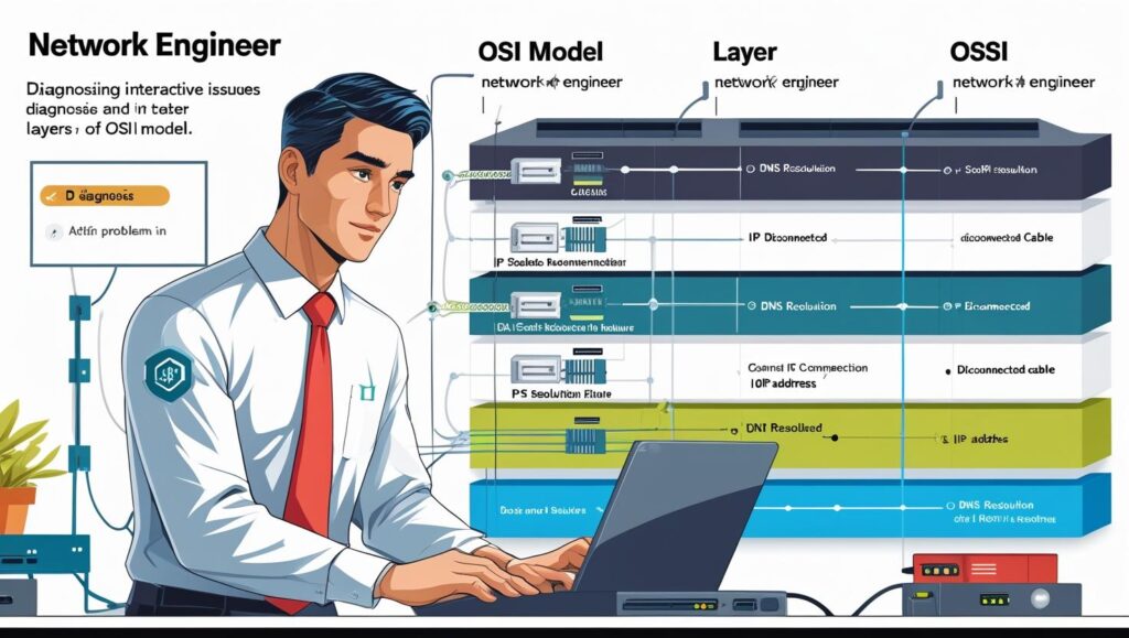 “Network troubleshooting visualized through OSI model layers with common issues”