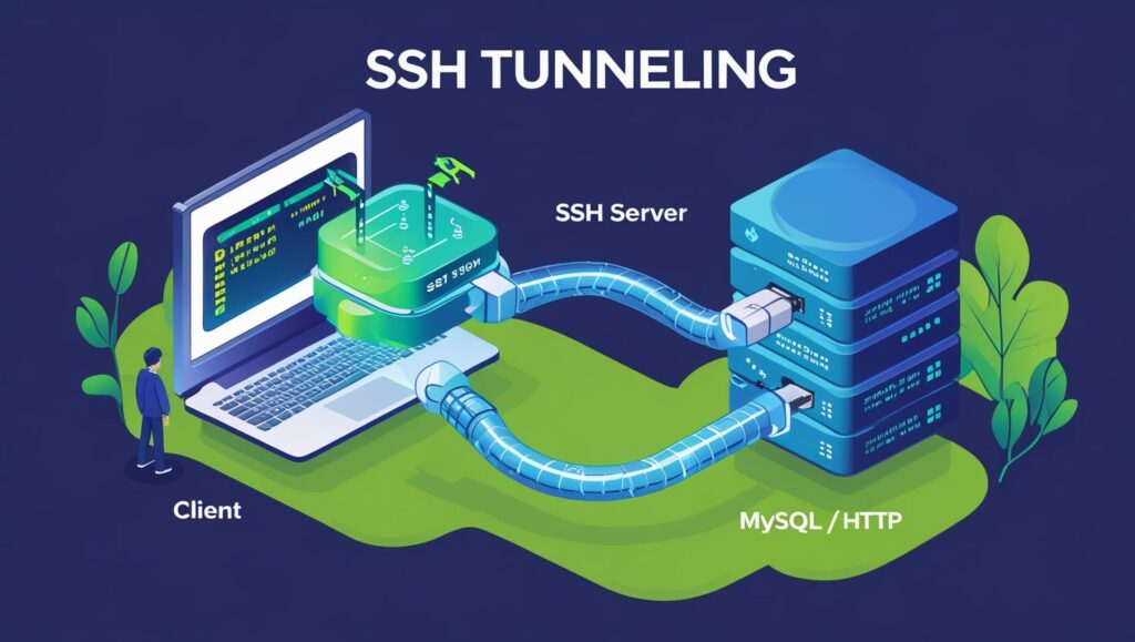 Illustration of SSH tunneling used to securely forward insecure network traffic through encryption.