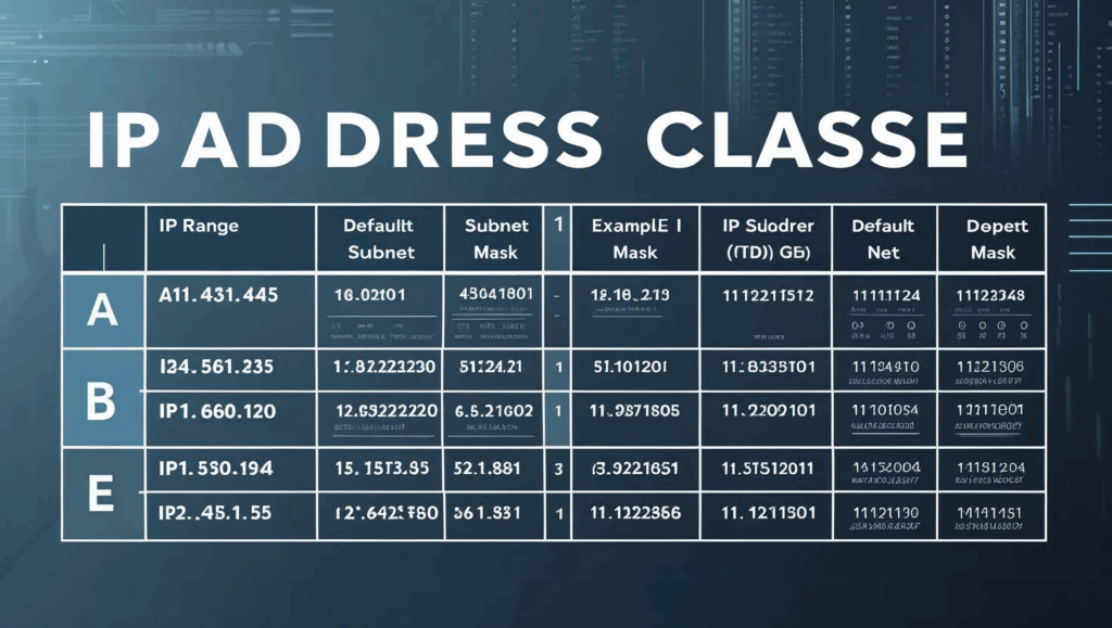 IP address classes A to E with ranges, default subnet masks, and use cases